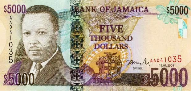 Купюра номиналом 5000 ямайских долларов, лицевая сторона